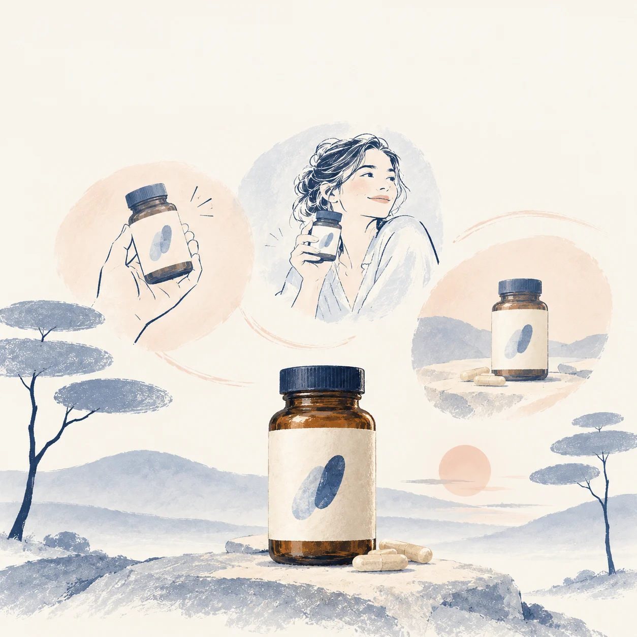 Soft blue ink illustration of a supplement bottle and three ad concepts, surrounded by Tactimetry’s hand-drawn trees and rolling hills.