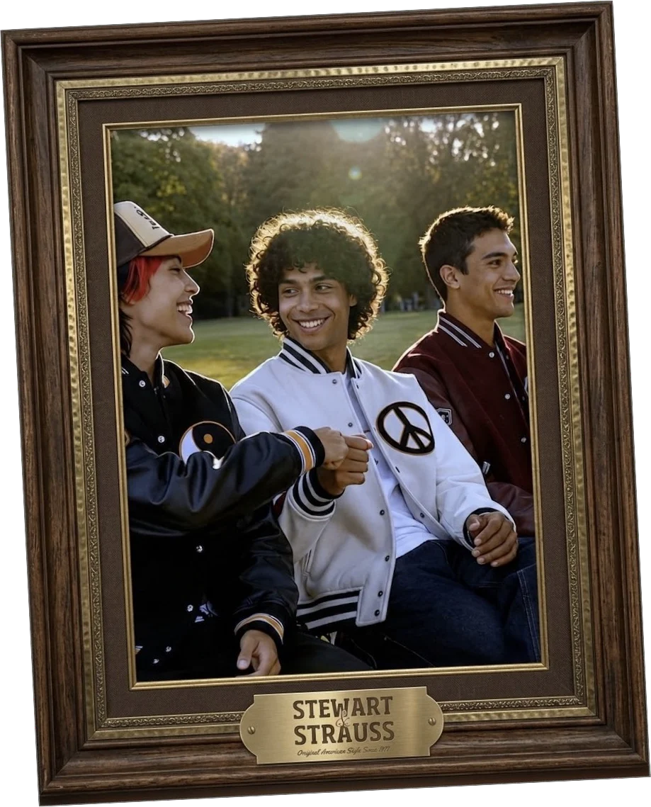 Stewart & Strauss campaign portrait: three people wearing the jacket, each styled differently