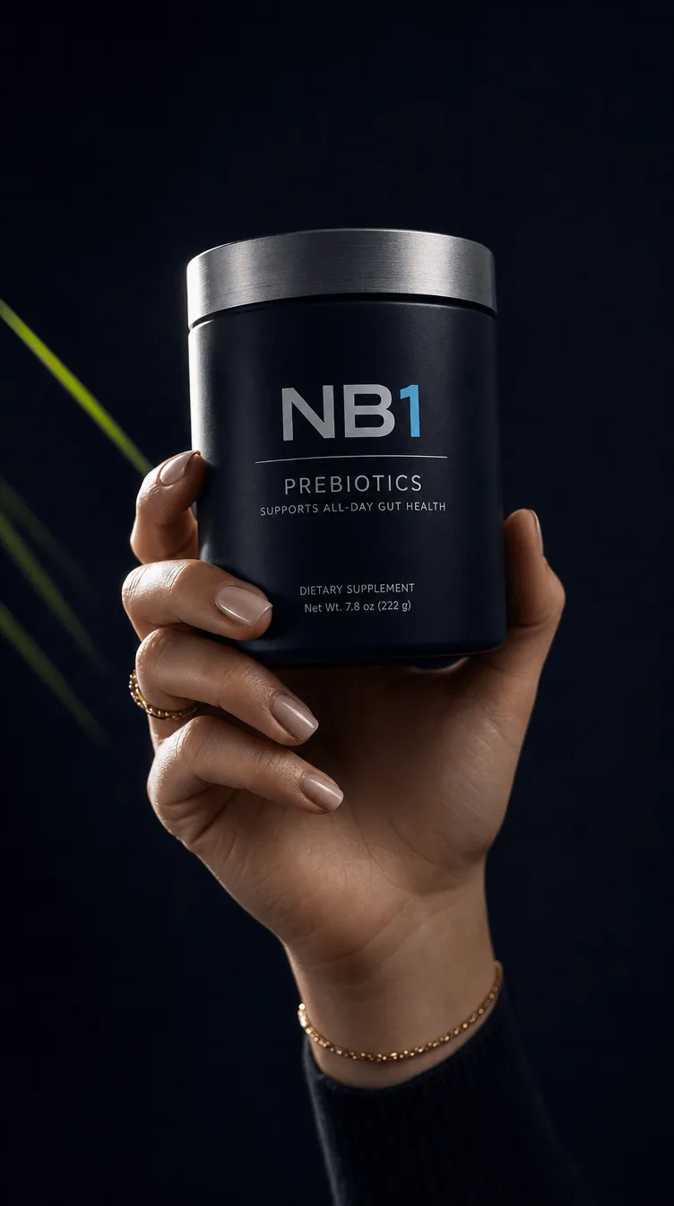 NB1 prebiotics product held in hand, from the campaign